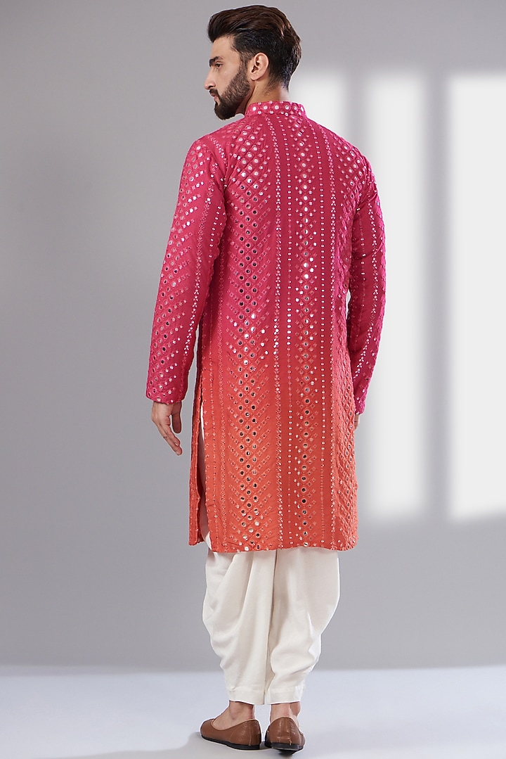 Hot Pink Silk Mirror Embroidered Ombre Kurta by Kasbah Clothing at Pernia's Pop Up Shop