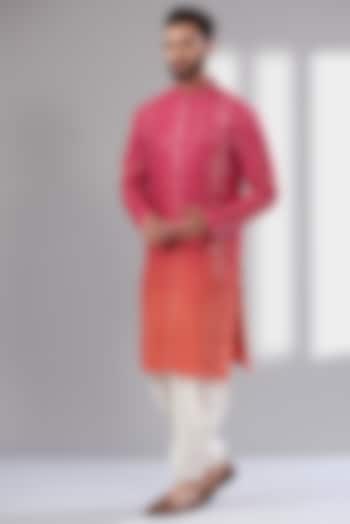 Hot Pink Silk Mirror Embroidered Ombre Kurta by Kasbah Clothing