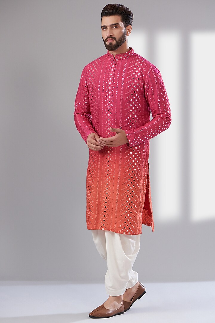 Hot Pink Silk Mirror Embroidered Ombre Kurta by Kasbah Clothing