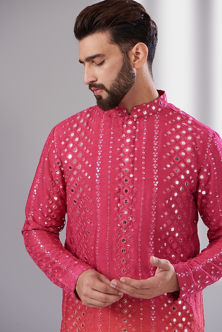 Hot Pink Silk Mirror Embroidered Ombre Kurta by Kasbah Clothing at Pernia's Pop Up Shop