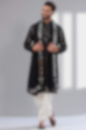 Black Silk Embroidered Kurta by Kasbah Clothing