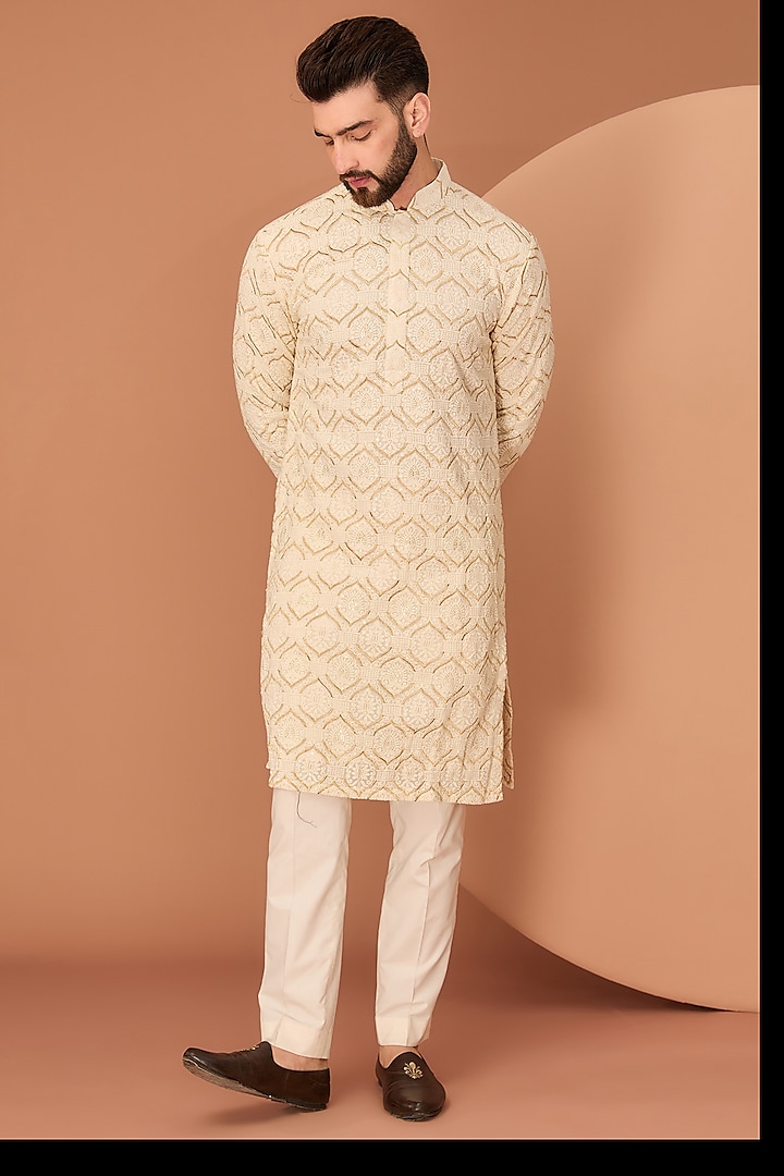 Cream Georgette Sequins Work Chikankari Kurta by Kasbah Clothing