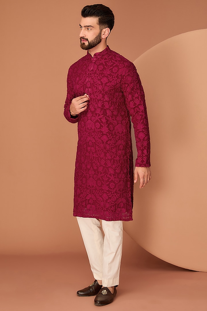 Red & Maroon Georgette Floral Thread Work Kurta by Kasbah Clothing