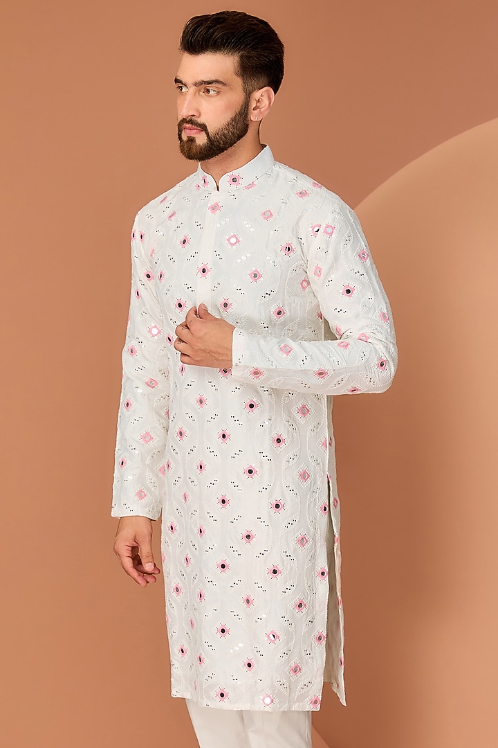 White Silk Mirror & Thread Work Kurta by Kasbah Clothing at Pernia's Pop Up Shop