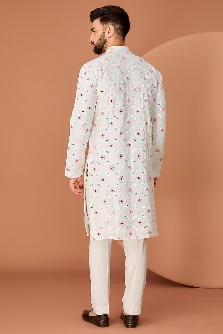 White Silk Mirror & Thread Work Kurta by Kasbah Clothing at Pernia's Pop Up Shop
