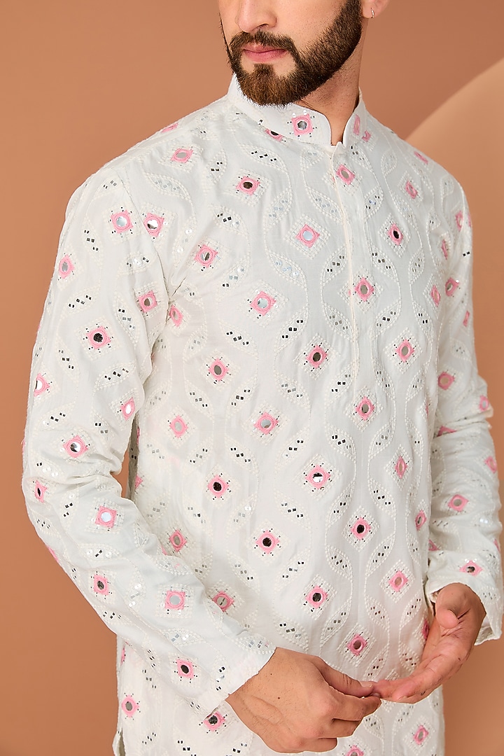 White Silk Mirror & Thread Work Kurta by Kasbah Clothing at Pernia's Pop Up Shop