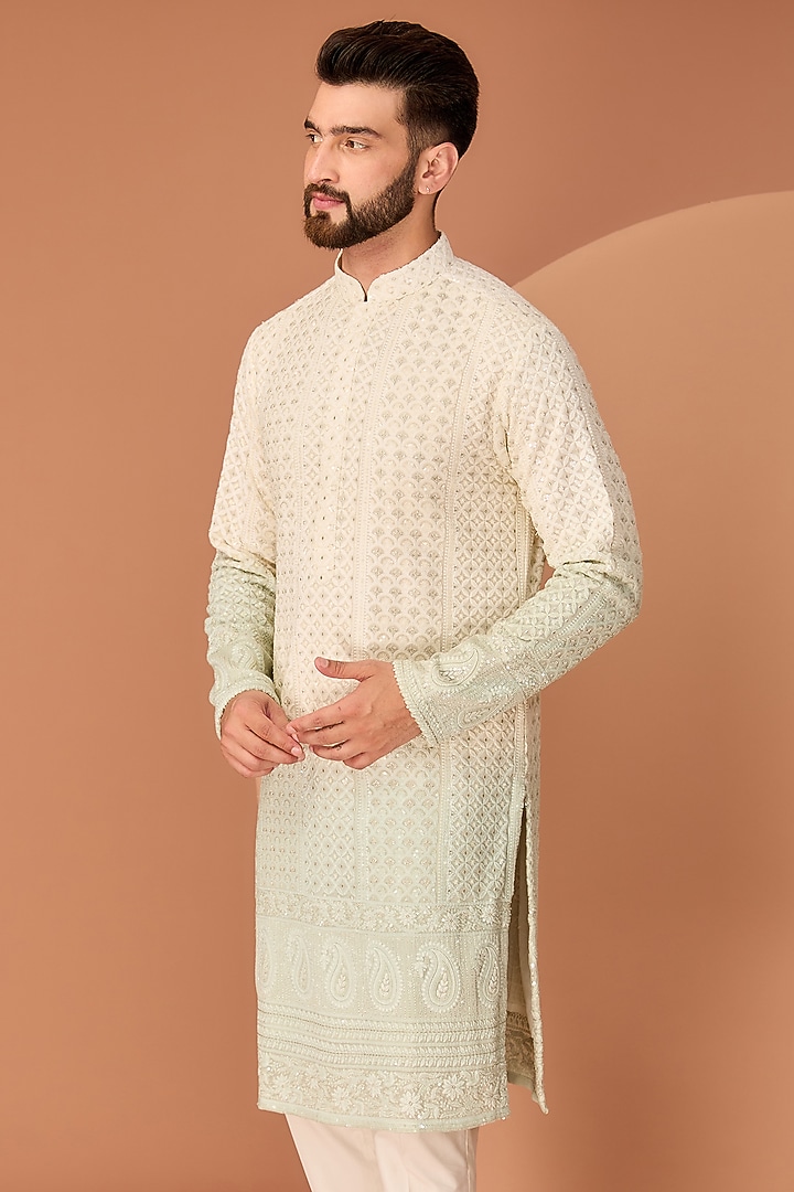 Cream & Sea Green Georgette Paisley Embroidered Chikankari Kurta by Kasbah Clothing at Pernia's Pop Up Shop