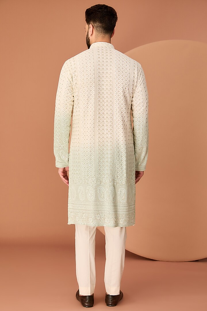 Cream & Sea Green Georgette Paisley Embroidered Chikankari Kurta by Kasbah Clothing at Pernia's Pop Up Shop