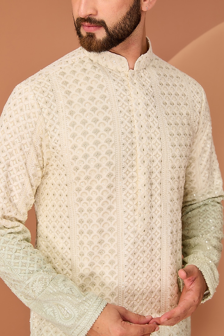 Cream & Sea Green Georgette Paisley Embroidered Chikankari Kurta by Kasbah Clothing at Pernia's Pop Up Shop