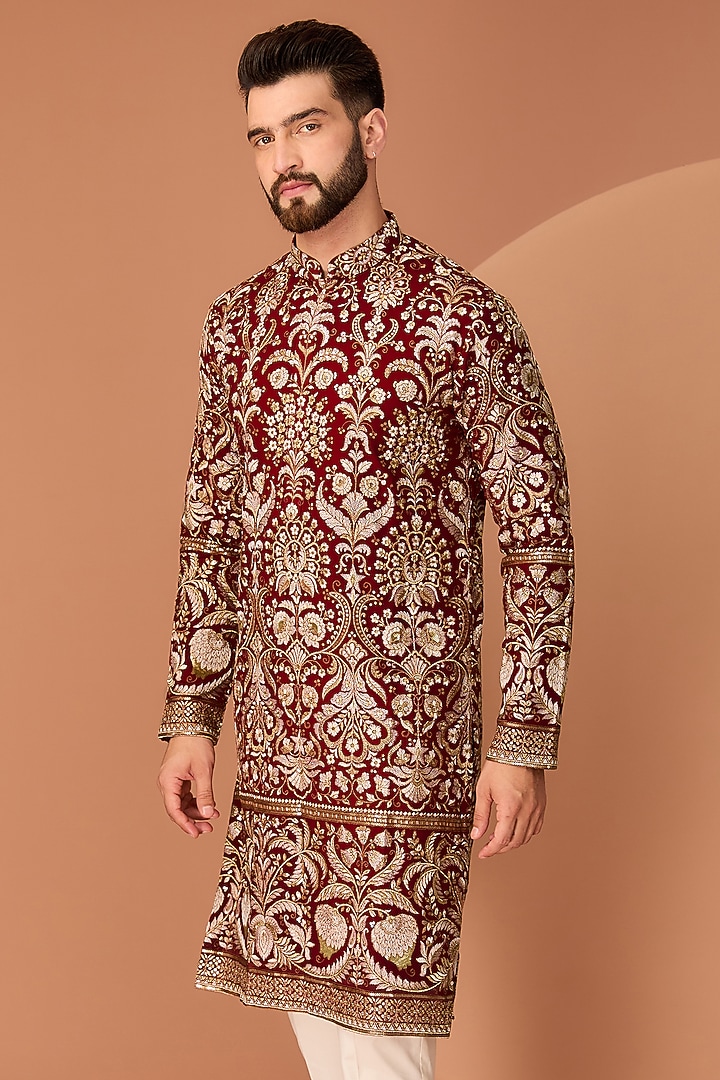 Maroon Georgette Zari & Sequins Work Floral Kurta by Kasbah Clothing at Pernia's Pop Up Shop