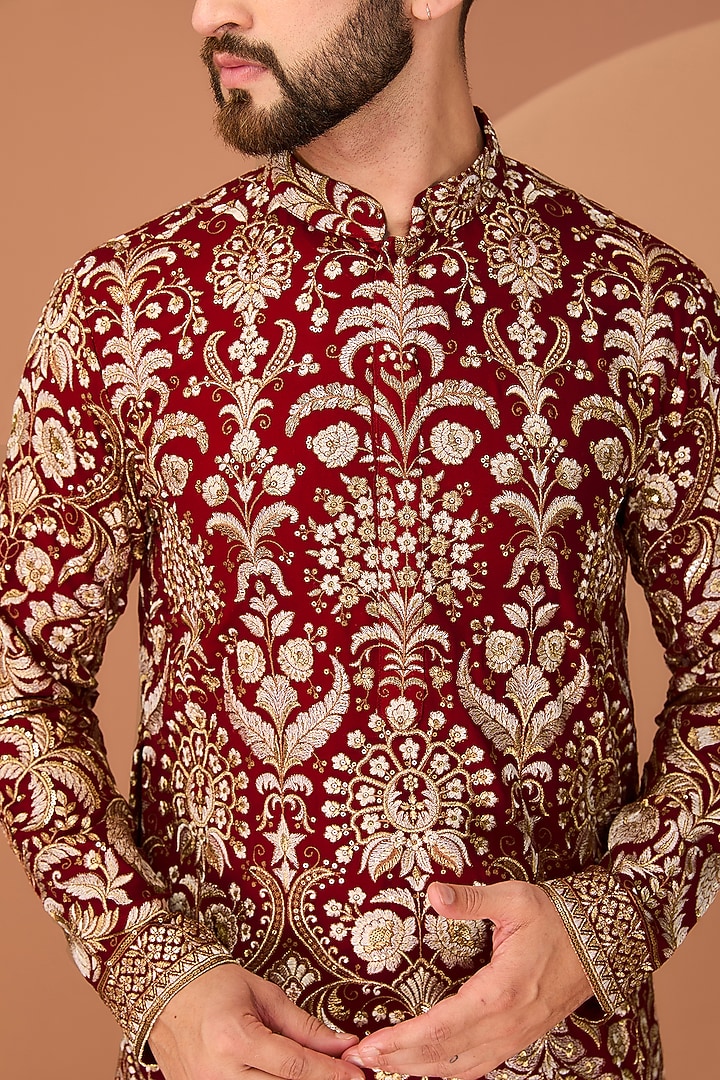 Maroon Georgette Zari & Sequins Work Floral Kurta by Kasbah Clothing at Pernia's Pop Up Shop
