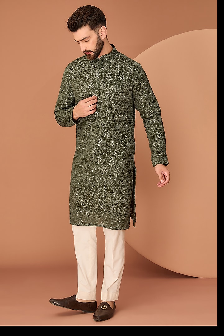 Military Green Georgette Thread & Sequins Work Chikankari Kurta by Kasbah Clothing