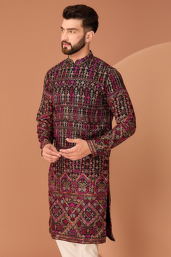 Black Georgette Thread & Kashmiri Embroidered Kurta by Kasbah Clothing at Pernia's Pop Up Shop