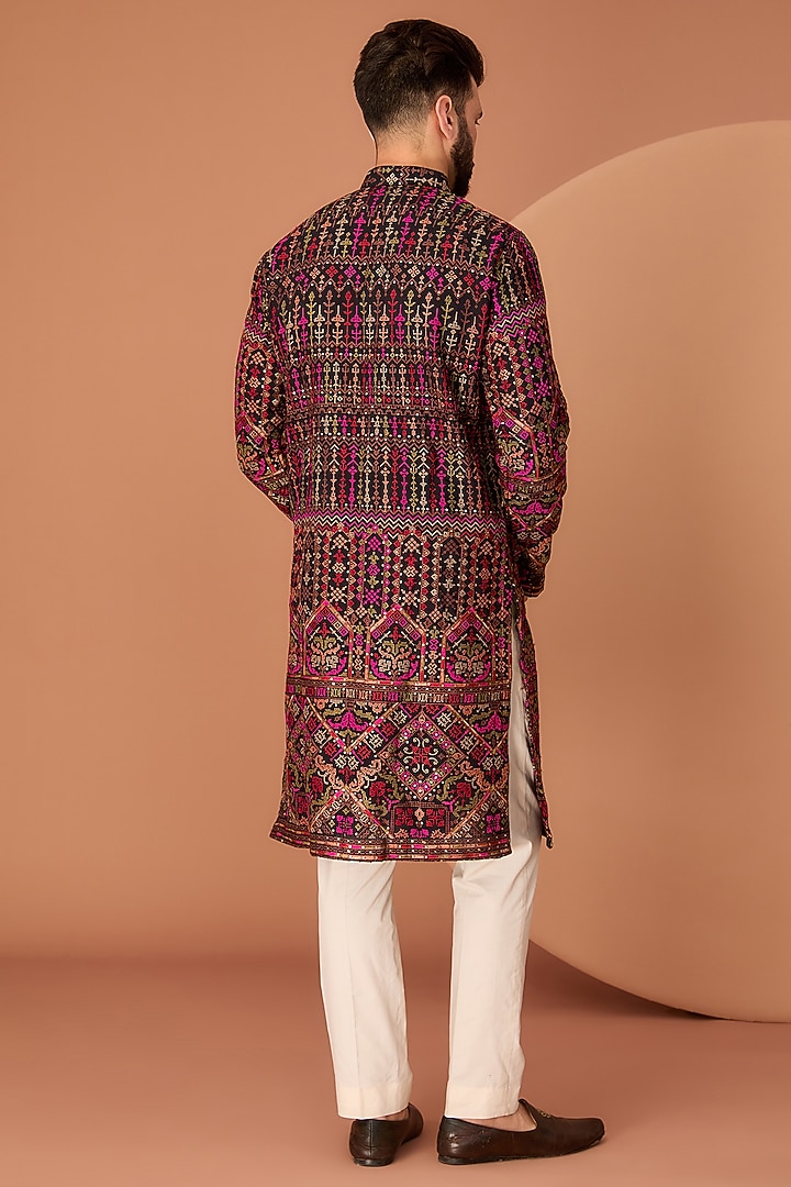 Black Georgette Thread & Kashmiri Embroidered Kurta by Kasbah Clothing at Pernia's Pop Up Shop