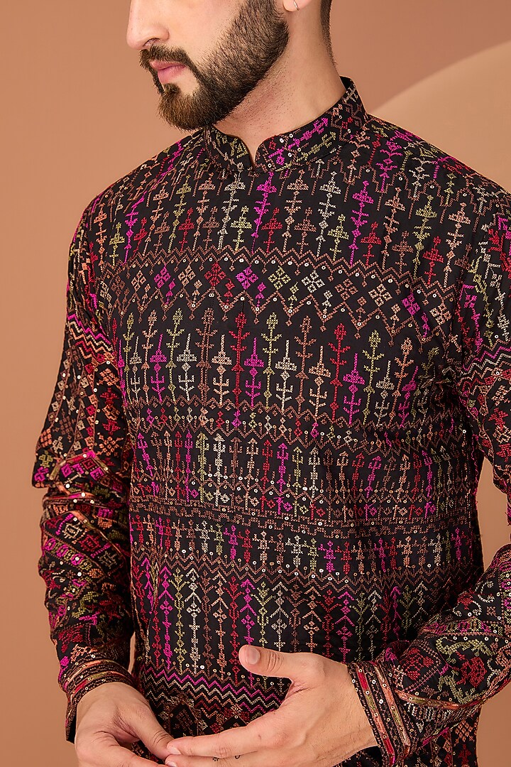 Black Georgette Thread & Kashmiri Embroidered Kurta by Kasbah Clothing at Pernia's Pop Up Shop