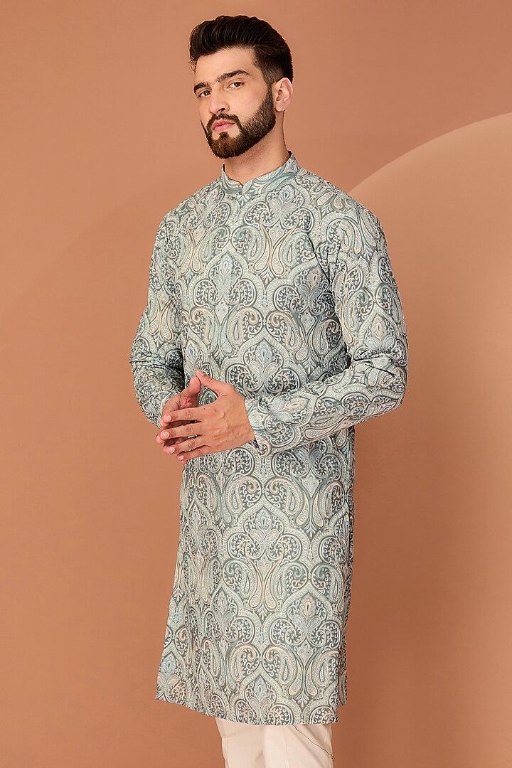 Mint Green Georgette Kashmiri Embroidered Kurta by Kasbah Clothing at Pernia's Pop Up Shop