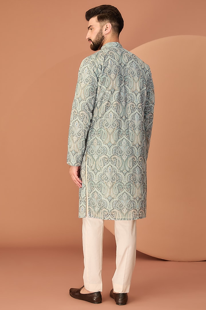 Mint Green Georgette Kashmiri Embroidered Kurta by Kasbah Clothing at Pernia's Pop Up Shop