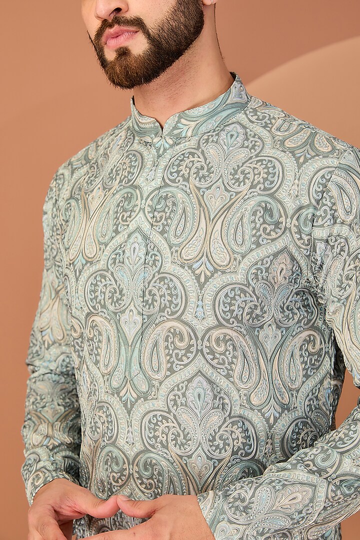 Mint Green Georgette Kashmiri Embroidered Kurta by Kasbah Clothing at Pernia's Pop Up Shop