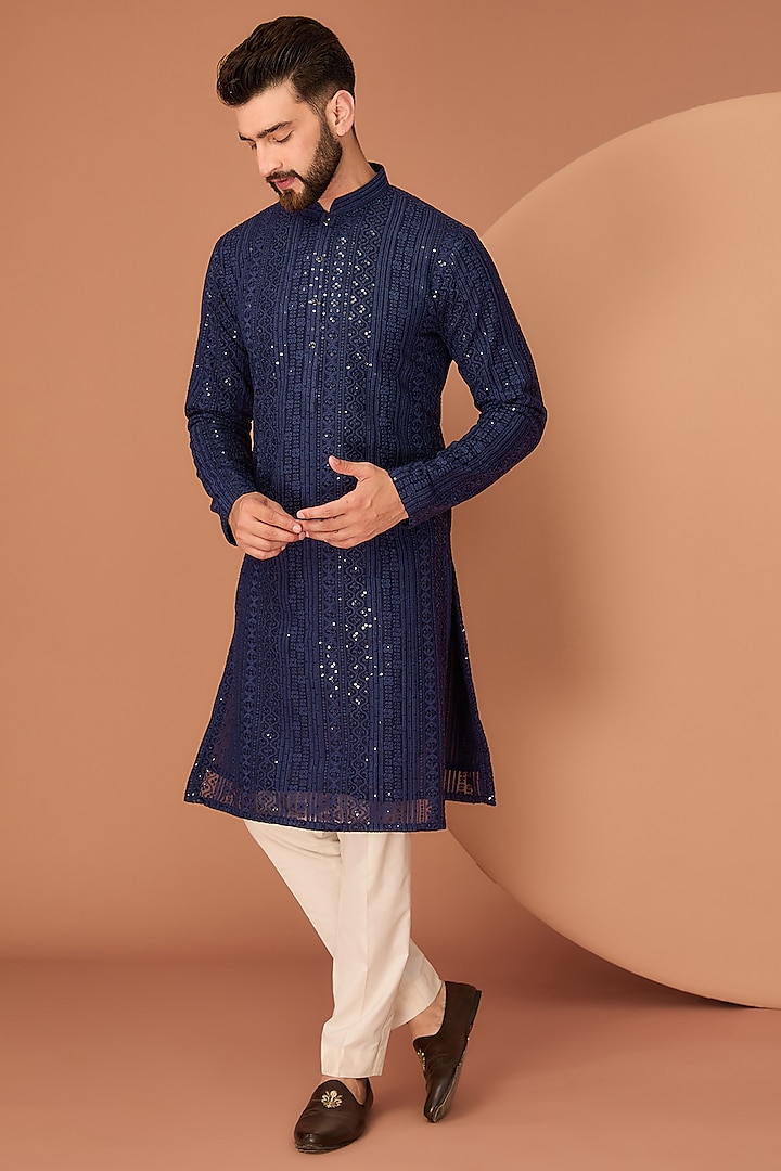 Navy Blue Georgette Thread & Sequins Work Chikankari Kurta by Kasbah Clothing