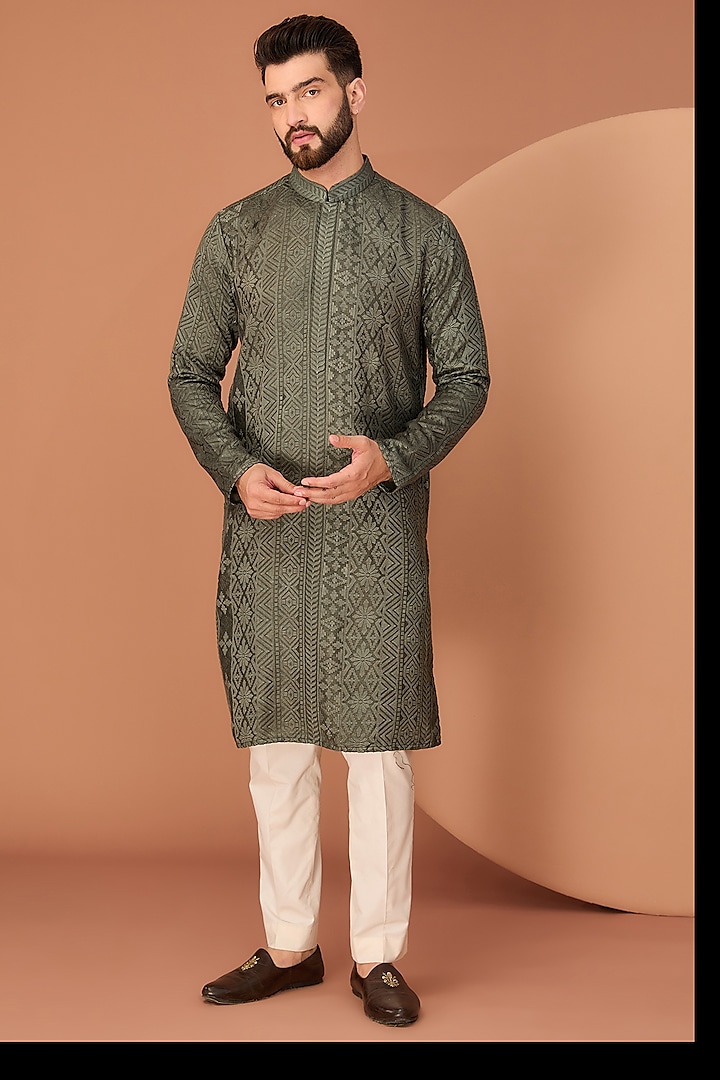 Military Green Silk Thread Work Chikankari Kurta by Kasbah Clothing