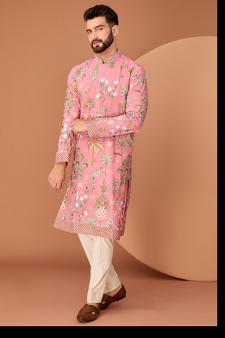 Dark Pink Georgette Thread Embroidered Kurta by Kasbah Clothing