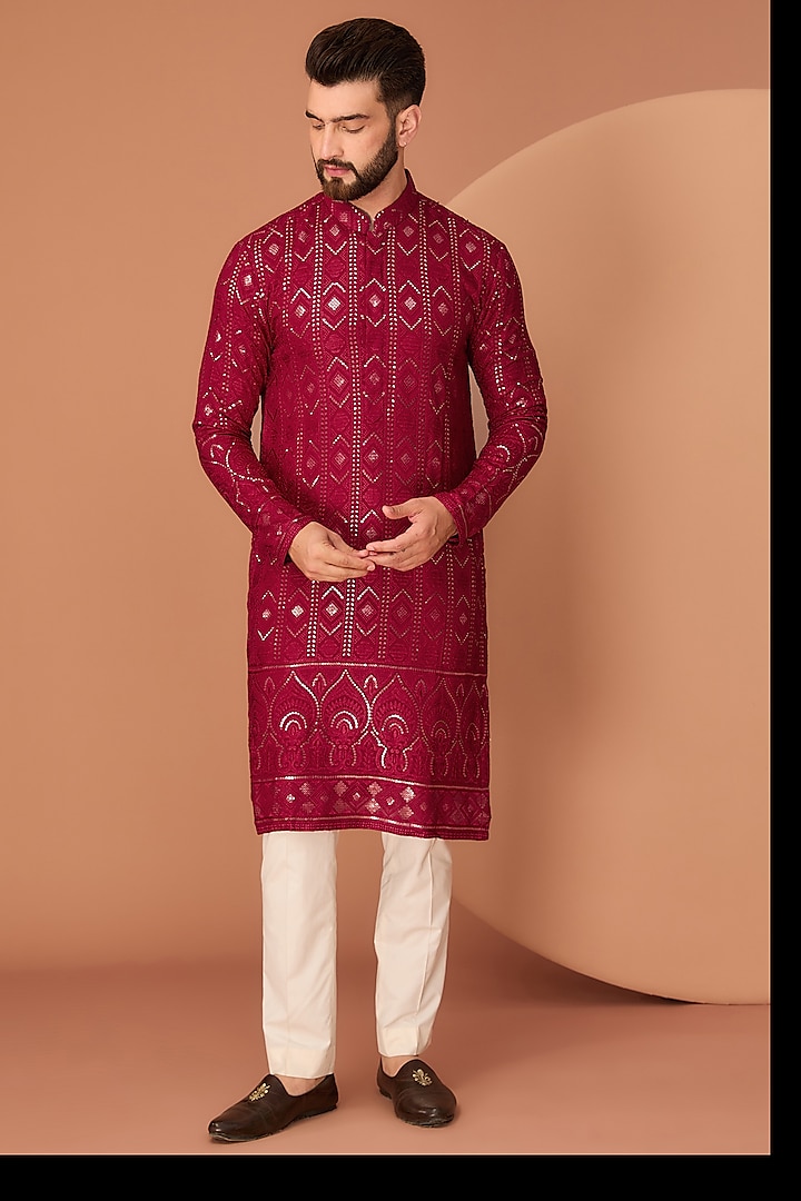 Maroon & Red Georgette Ghera Embroidered Chikankari Kurta by Kasbah Clothing