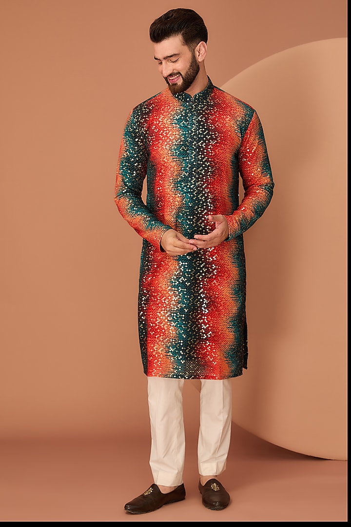 Orange & Teal Georgette Sequins Textured Kurta by Kasbah Clothing