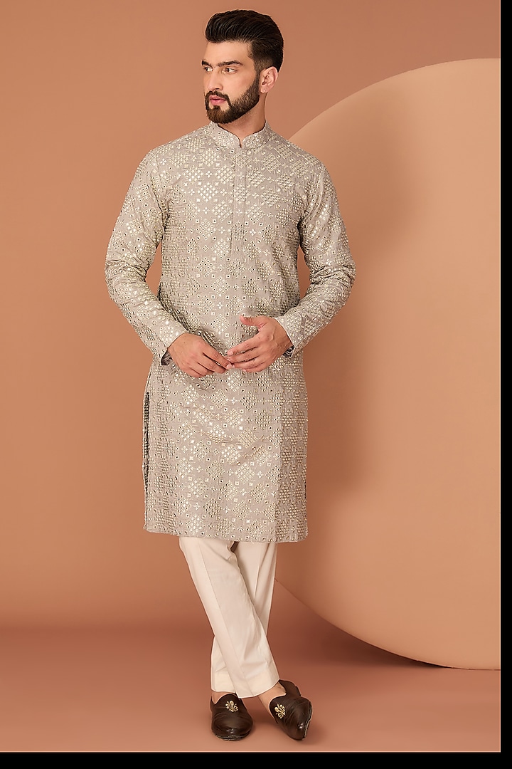 Grey Chanderi Thread & Sequins Embroidered Kurta by Kasbah Clothing