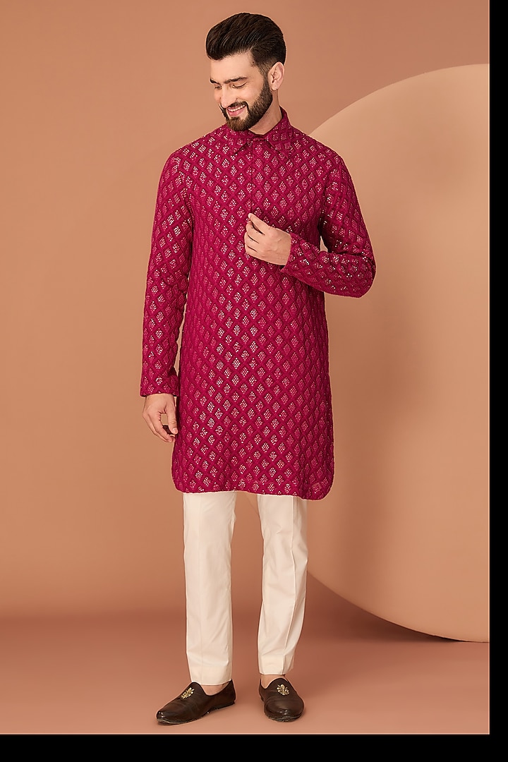 Red & Maroon Georgette Chikankari Pathani Kurta by Kasbah Clothing