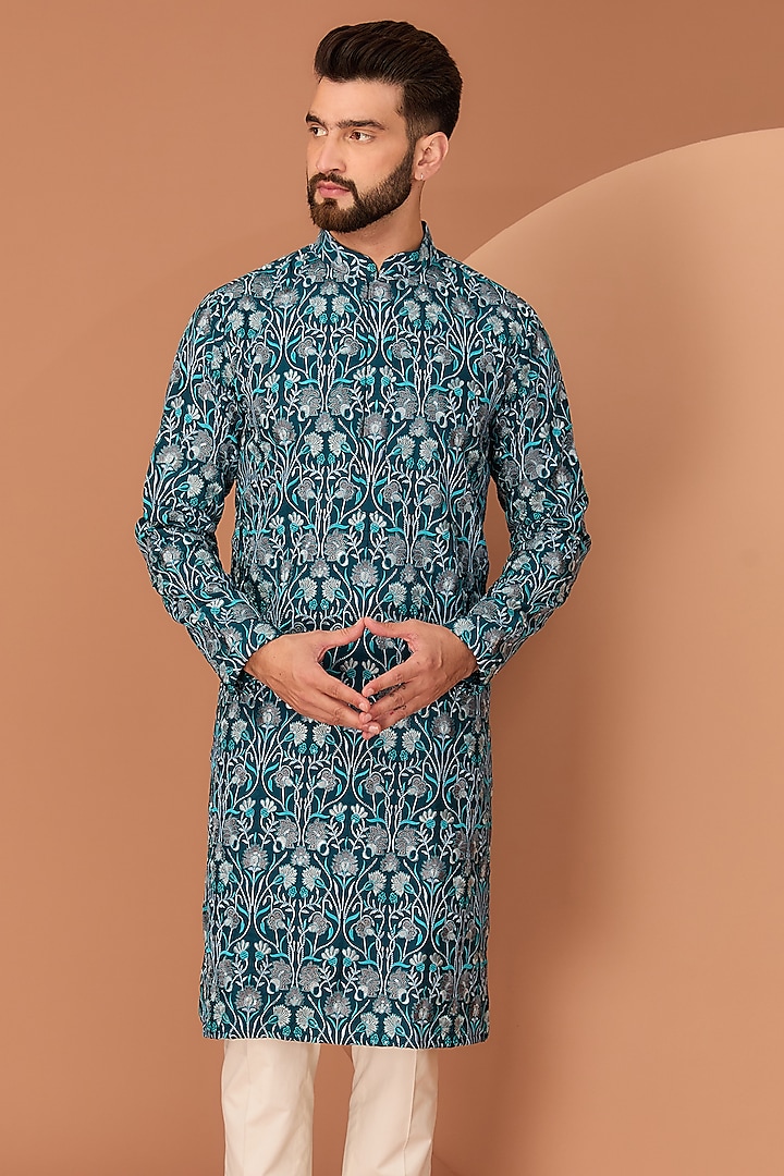 Teal Blue Silk Thread Embroidered Kurta by Kasbah Clothing