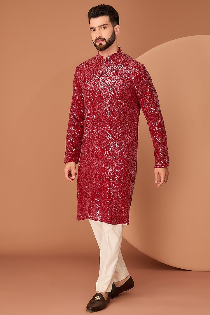 Red Georgette Floral Sequins Embroidered Kurta by Kasbah Clothing