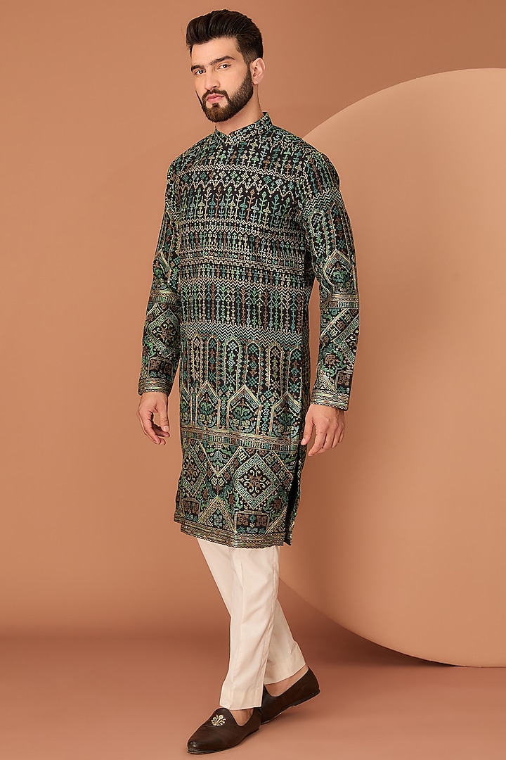 Black Silk Kashmiri Embroidered Kurta by Kasbah Clothing