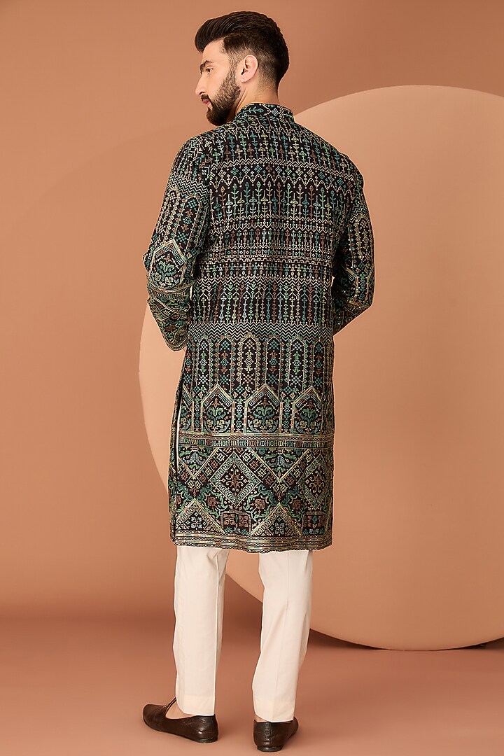 Black Silk Kashmiri Embroidered Kurta by Kasbah Clothing at Pernia's Pop Up Shop