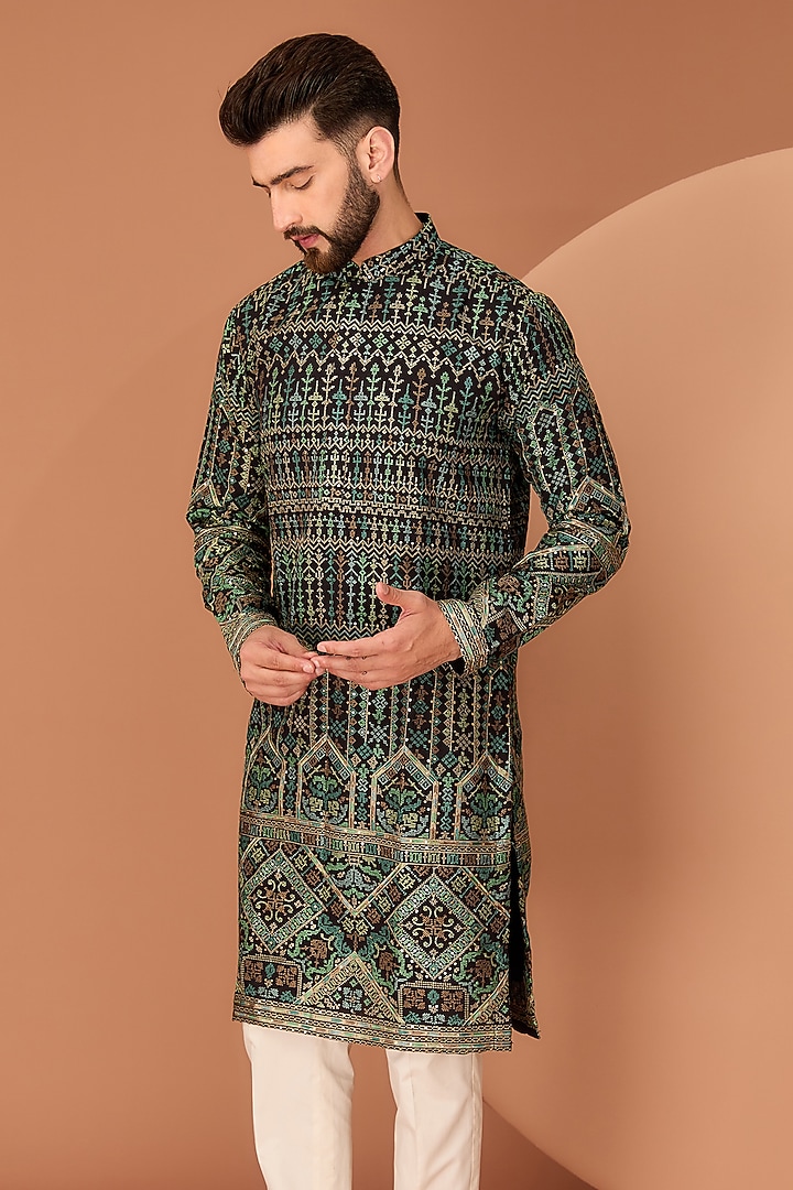 Black Silk Kashmiri Embroidered Kurta by Kasbah Clothing at Pernia's Pop Up Shop