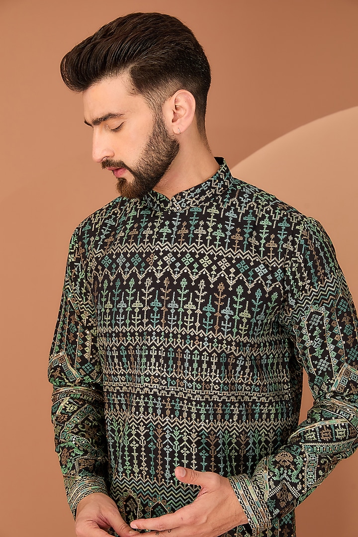 Black Silk Kashmiri Embroidered Kurta by Kasbah Clothing at Pernia's Pop Up Shop
