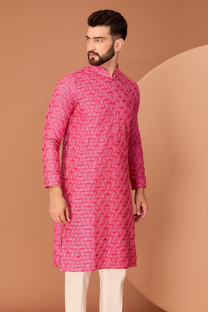 Hot Pink Silk Thread Embroidered Kurta by Kasbah Clothing at Pernia's Pop Up Shop