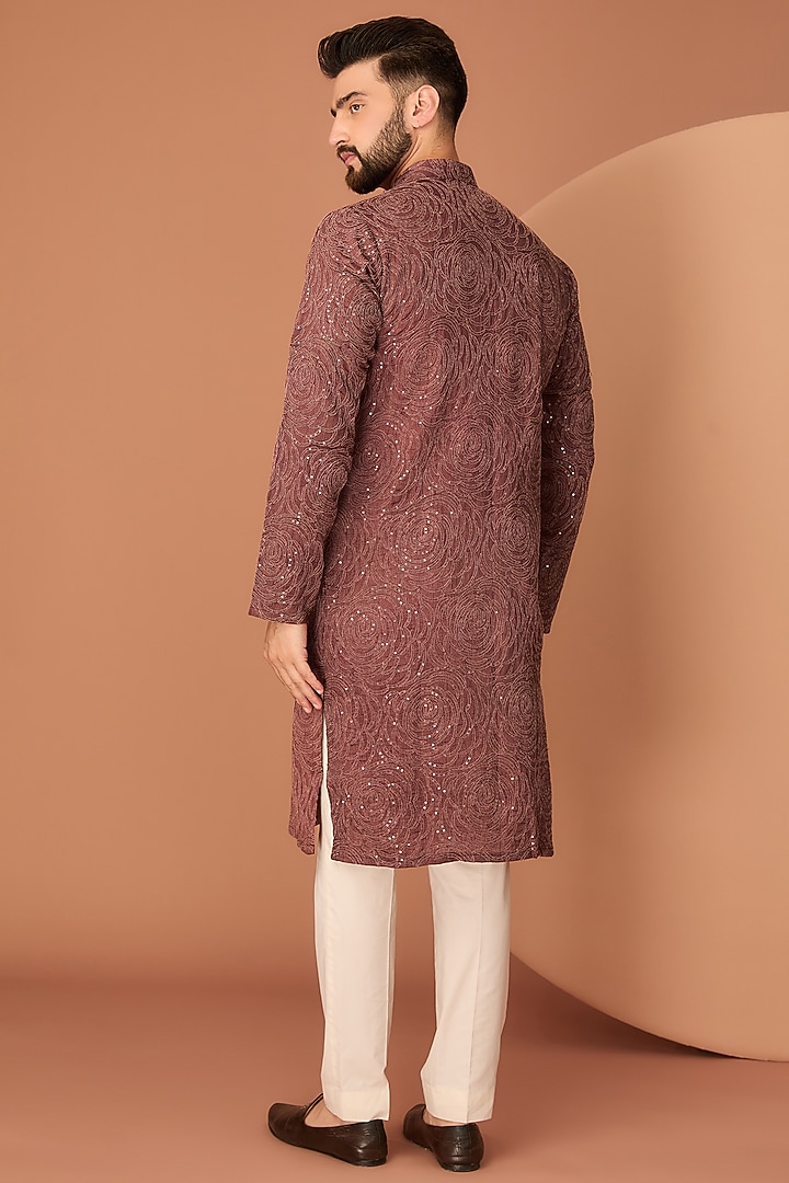 Dark Rust Silk Floral Embroidered Kurta by Kasbah Clothing at Pernia's Pop Up Shop