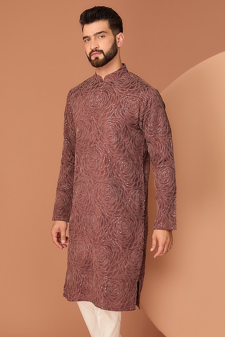 Dark Rust Silk Floral Embroidered Kurta by Kasbah Clothing