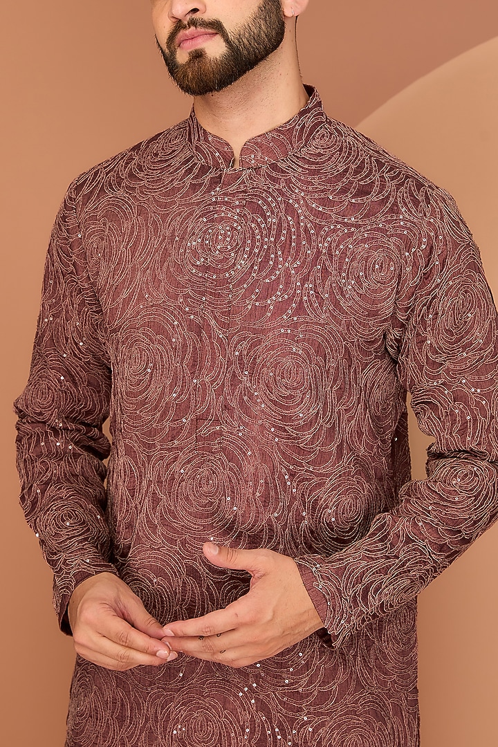 Dark Rust Silk Floral Embroidered Kurta by Kasbah Clothing at Pernia's Pop Up Shop