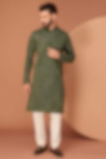 Military Green Silk Thread Embroidered Kurta by Kasbah Clothing