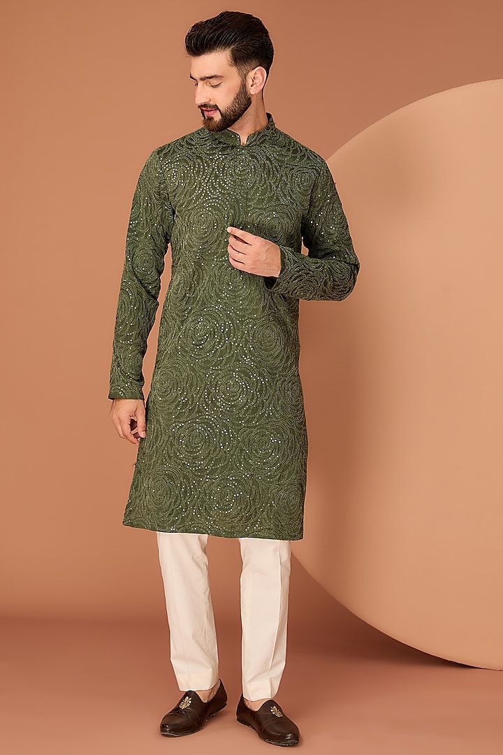 Military Green Silk Thread Embroidered Kurta by Kasbah Clothing