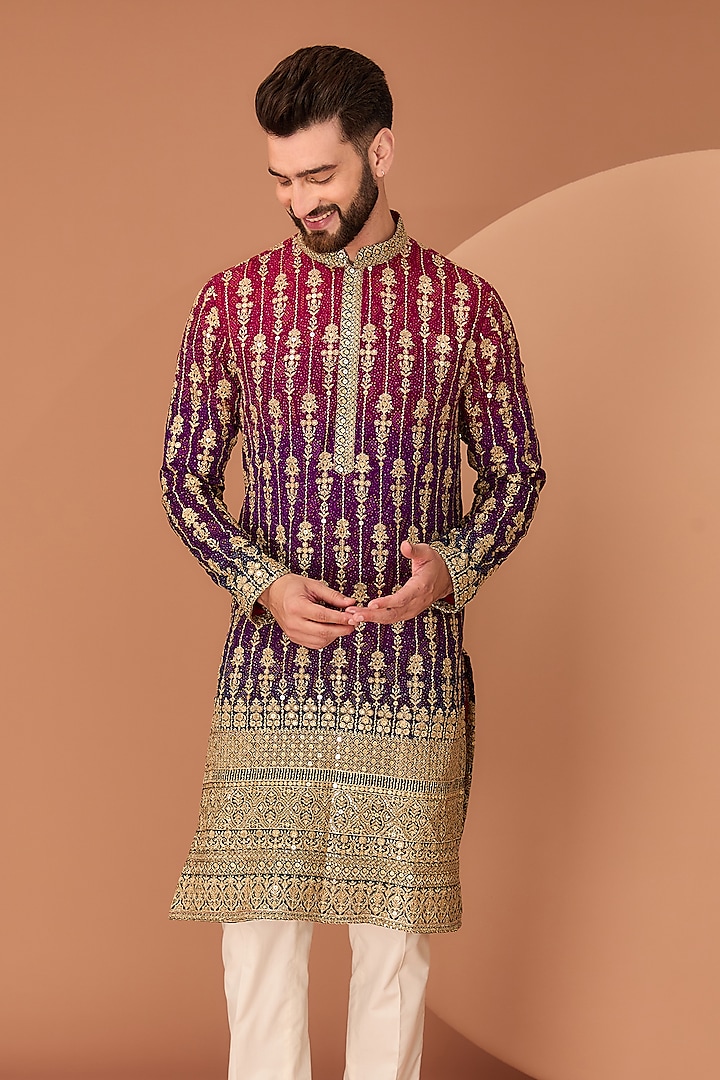 Maroon & Purple Ombre Georgette Gota Embroidered Kurta by Kasbah Clothing at Pernia's Pop Up Shop