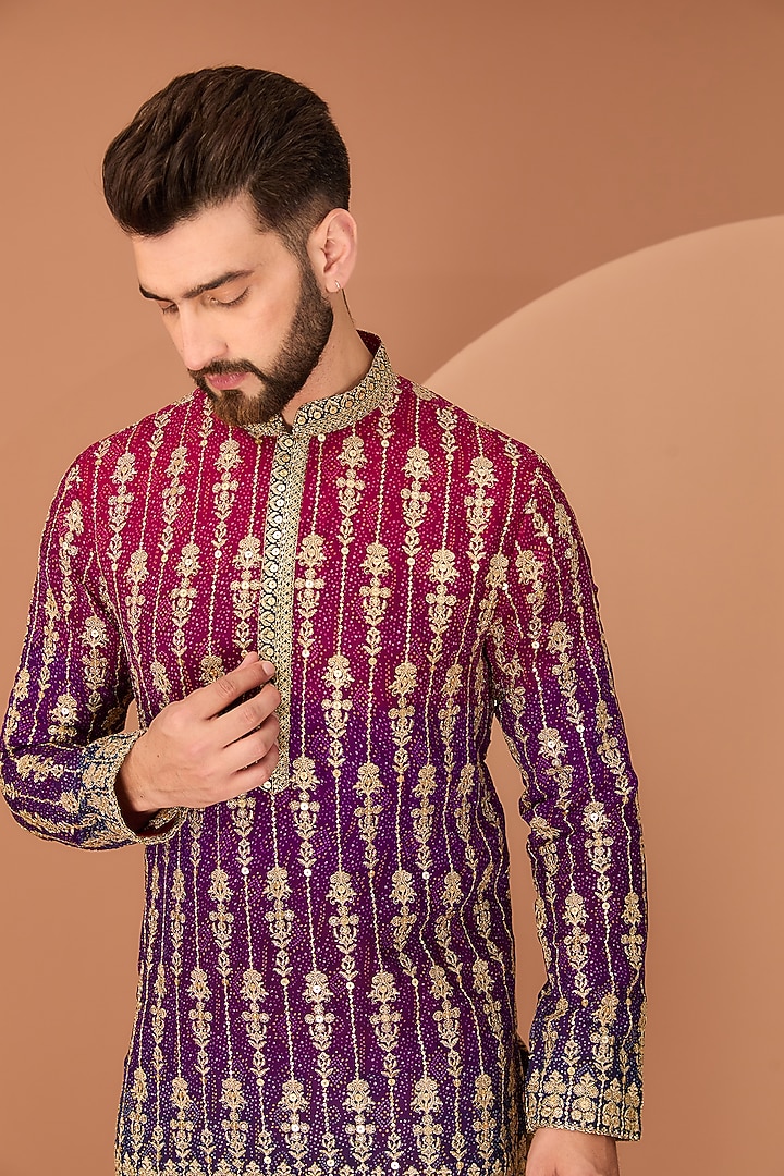 Maroon & Purple Ombre Georgette Gota Embroidered Kurta by Kasbah Clothing at Pernia's Pop Up Shop