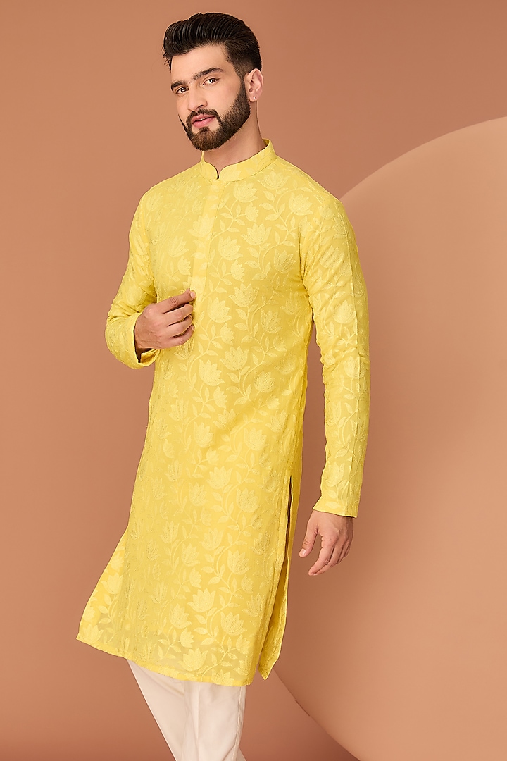 Yellow Georgette Thread Work Kurta by Kasbah Clothing at Pernia's Pop Up Shop