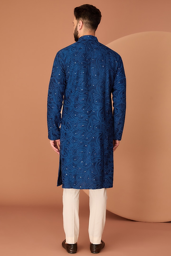 Navy Blue Silk Chikankari Sequins Work Kurta by Kasbah Clothing at Pernia's Pop Up Shop