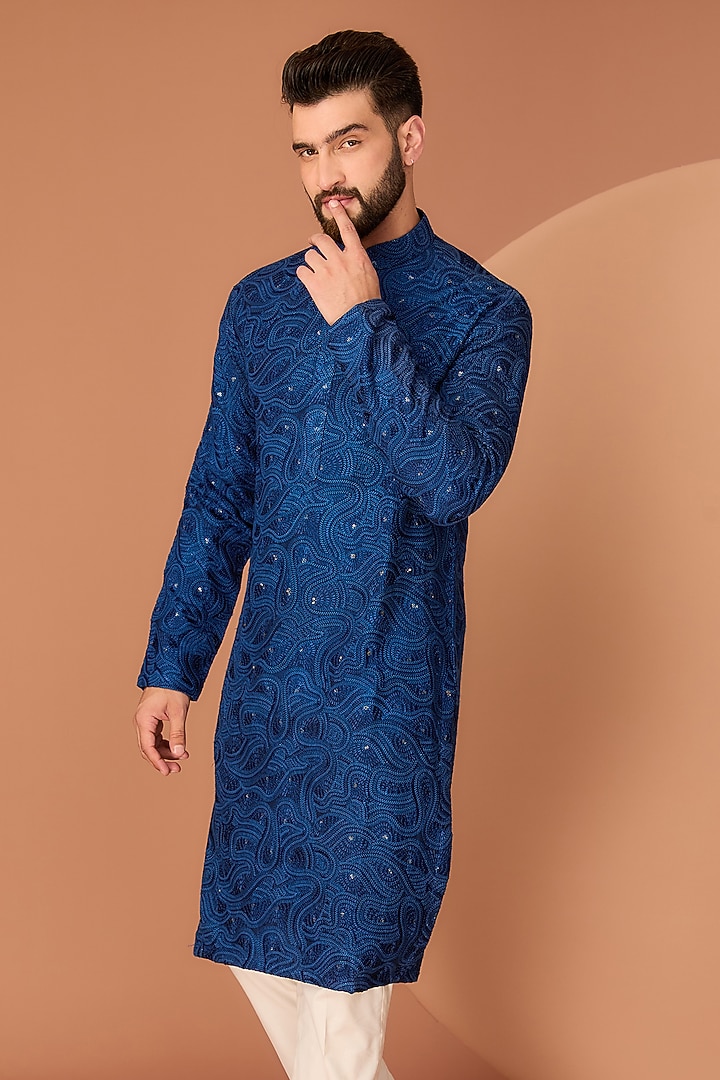Navy Blue Silk Chikankari Sequins Work Kurta by Kasbah Clothing at Pernia's Pop Up Shop