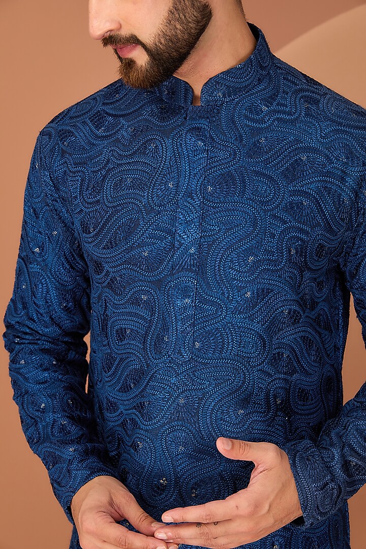 Navy Blue Silk Chikankari Sequins Work Kurta by Kasbah Clothing at Pernia's Pop Up Shop