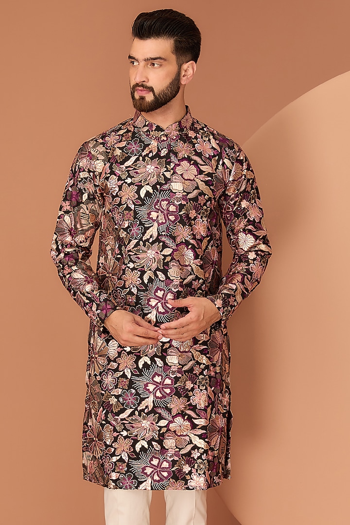 Black Silk Thread Work Kurta by Kasbah Clothing