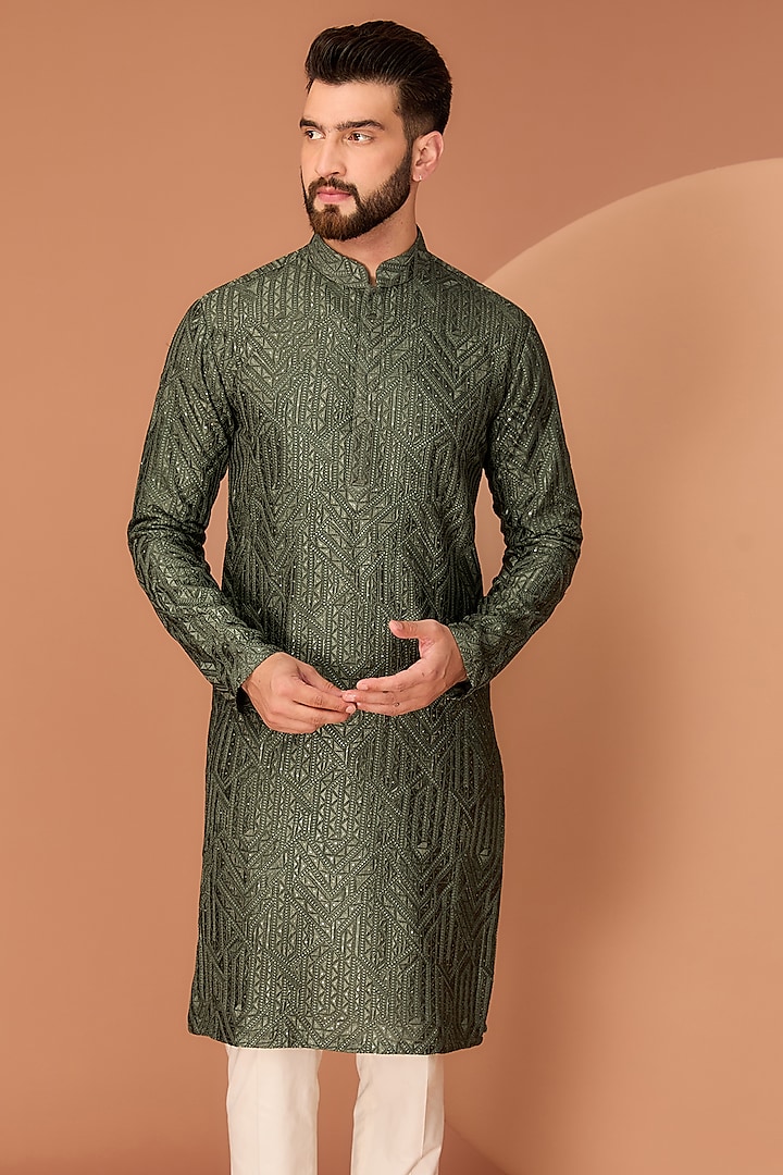 Military Green Silk Thread Embroidered Kurta by Kasbah Clothing at Pernia's Pop Up Shop