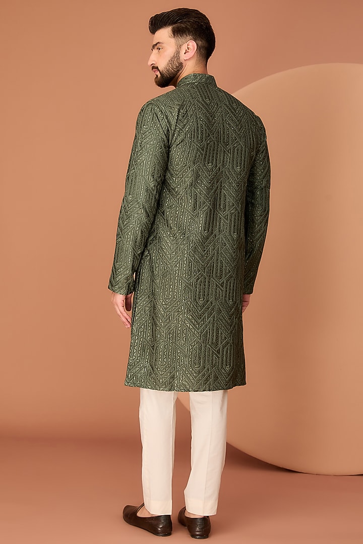 Military Green Silk Thread Embroidered Kurta by Kasbah Clothing at Pernia's Pop Up Shop